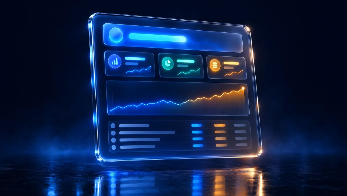 Panel de vidrio flotante con saldos, tarjetas y una gráfica que pasa de azul a ámbar