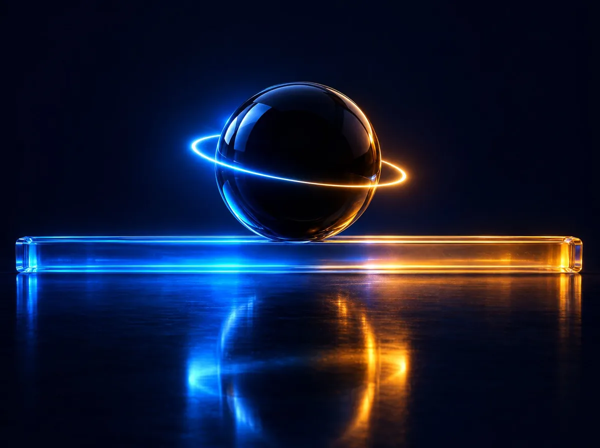 Esfera de obsidiana con un anillo de luz azul y ámbar, sobre un raíl de vidrio iluminado